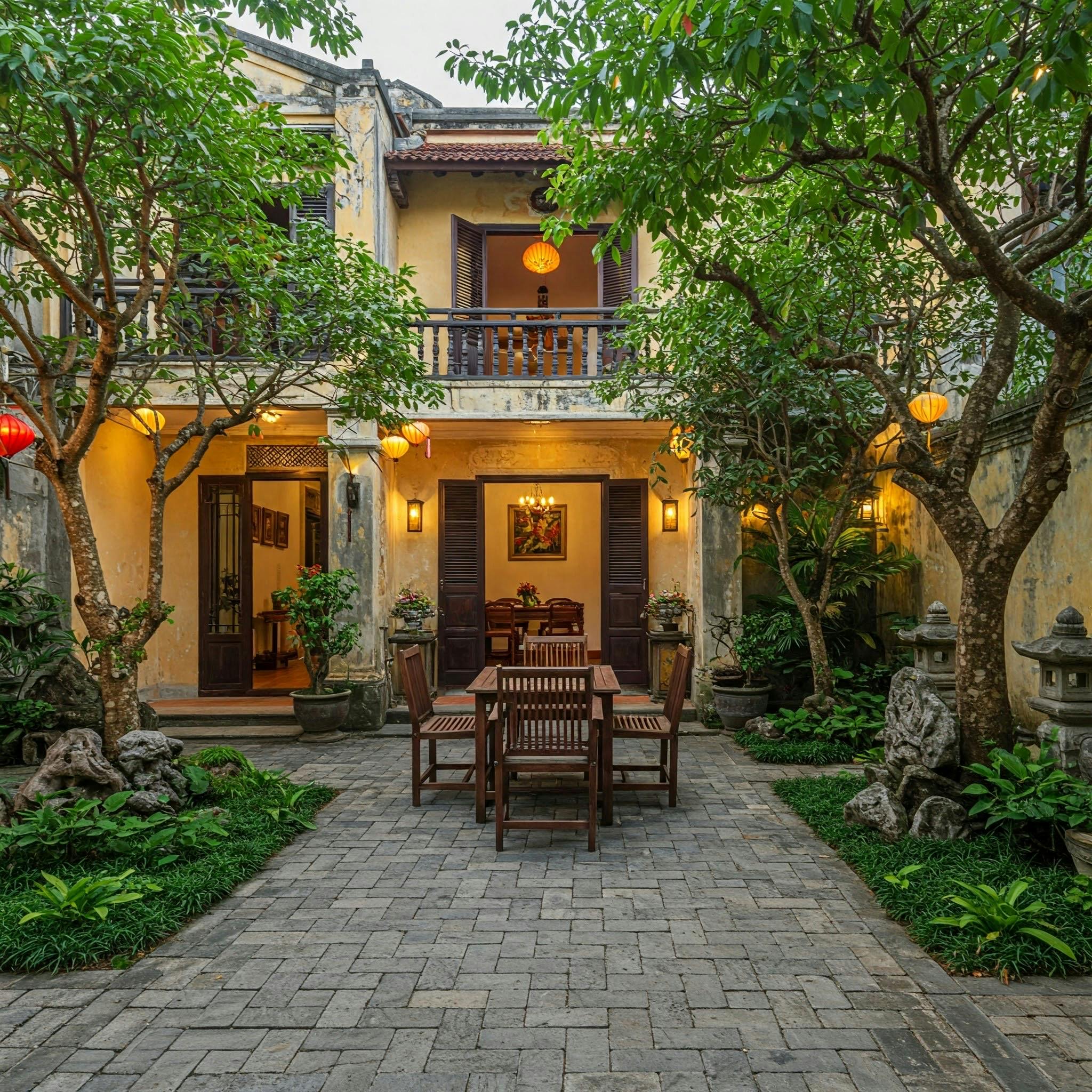 Charming traditional courtyard with wooden furniture, lanterns, and lush greenery for a serene ambiance.